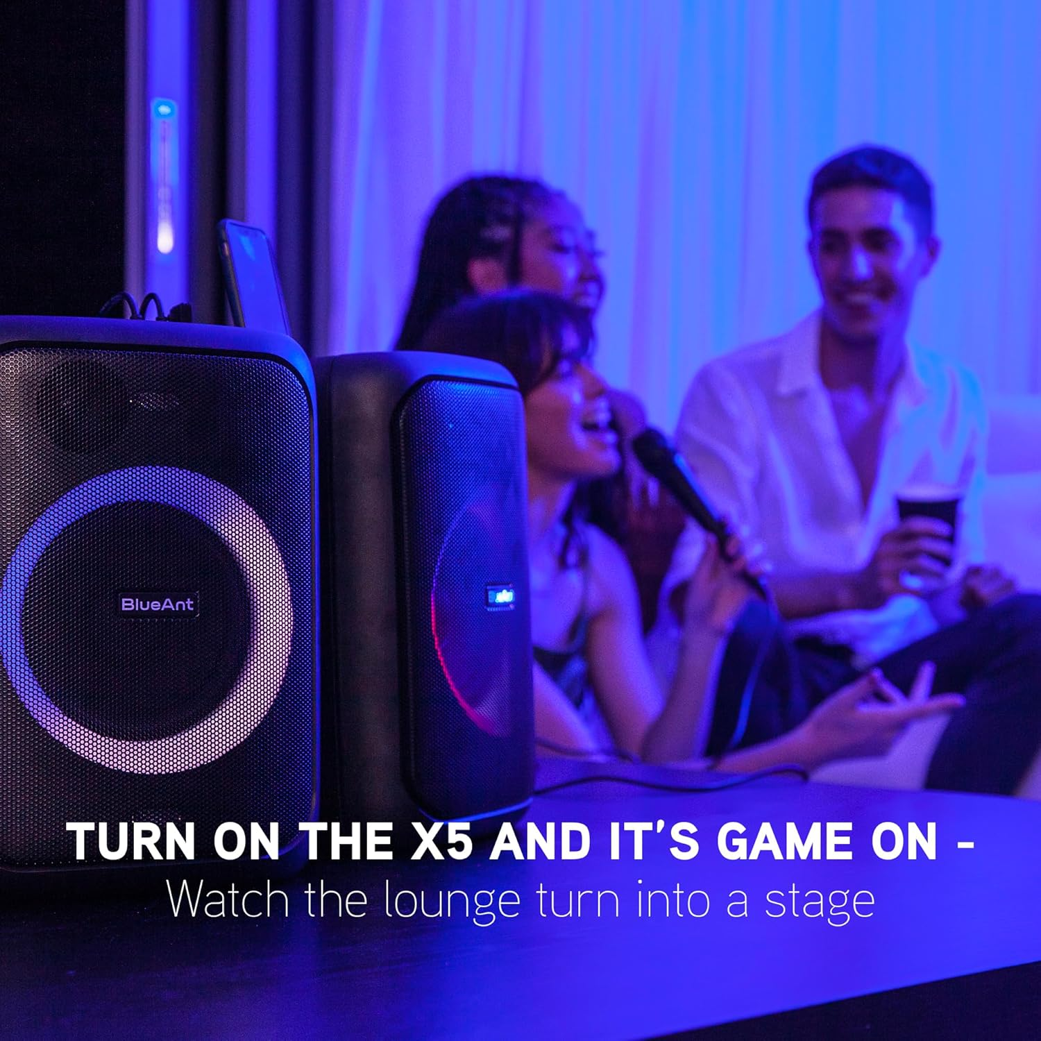 Blueant X5 | Portable Bluetooth Party Speaker | Black | 60W Peak Power | Includes (2) Microphones | (Up To) 20-Hrs Playtime image number 5