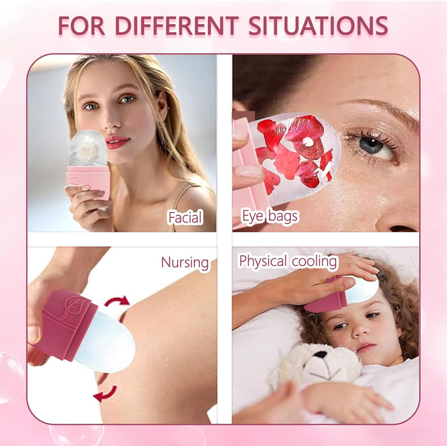 Ice Roller for Face, Eyes & Neck, Skin Care Tools, Silicone Ice Cube Massager for Skin Care, De-Puffing Eye Bags, Migraine Relief, Reusable Ice Mold for Face Massage (Rose Red & Pink) - Black  White image number 6