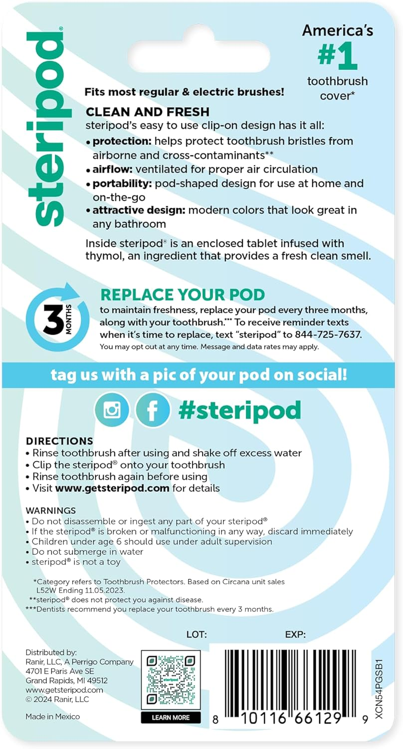 Steripod Clip-On Toothbrush Protector, Green/Silver, 2 Count image number 1