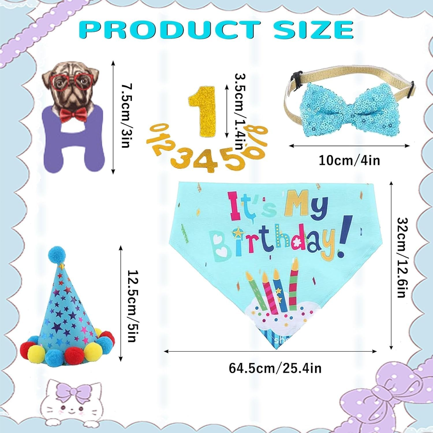 Dog Birthday Hat Bandana Party Decorations, Reusable Dog First Birthday Supplies with Banner Bowtie Numbers Crown, Cute 1St Large Puppy Girl Happy Birthday Outfit Shirt, One Size for Dogs Pet (Blue) image number 5