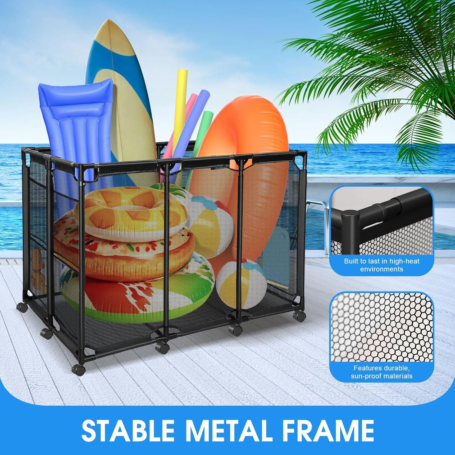 GENKI Pool Storage Bin Cart Poolside Toys Box Floats Noodles Container Organizer Outdoor Portable Rolling Wheels Mesh Basket Swimming Equipment Balls Holder image number 6