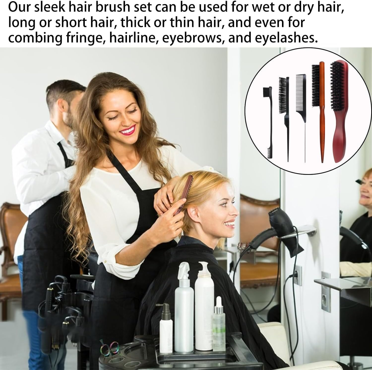 Boar Bristle Slick Back Hair Brush Teasing Comb, 5Pcs anti Static Quiff Roller Hair Brushes,Slick Back Hair Brushes Boar Bristle Hair Brush with Plastic Comb and Eyebrow Brush image number 3