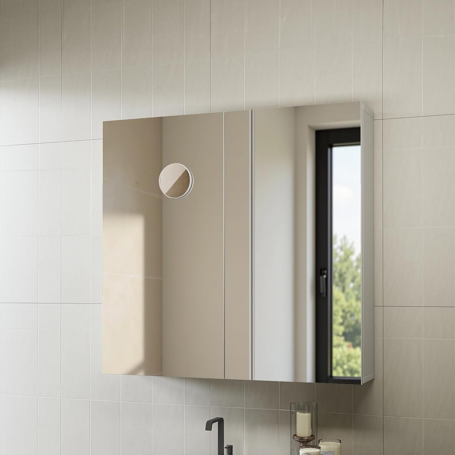 Levede Bathroom Mirror Cabinet,Wall Mounted 750X150X720Mm White Storage Unit with Cupboard 5X Magnifying Mirror and Tissue Slot Shaving Vanity Organizer for Toilet Washroom Bedroom Makeup Essentials