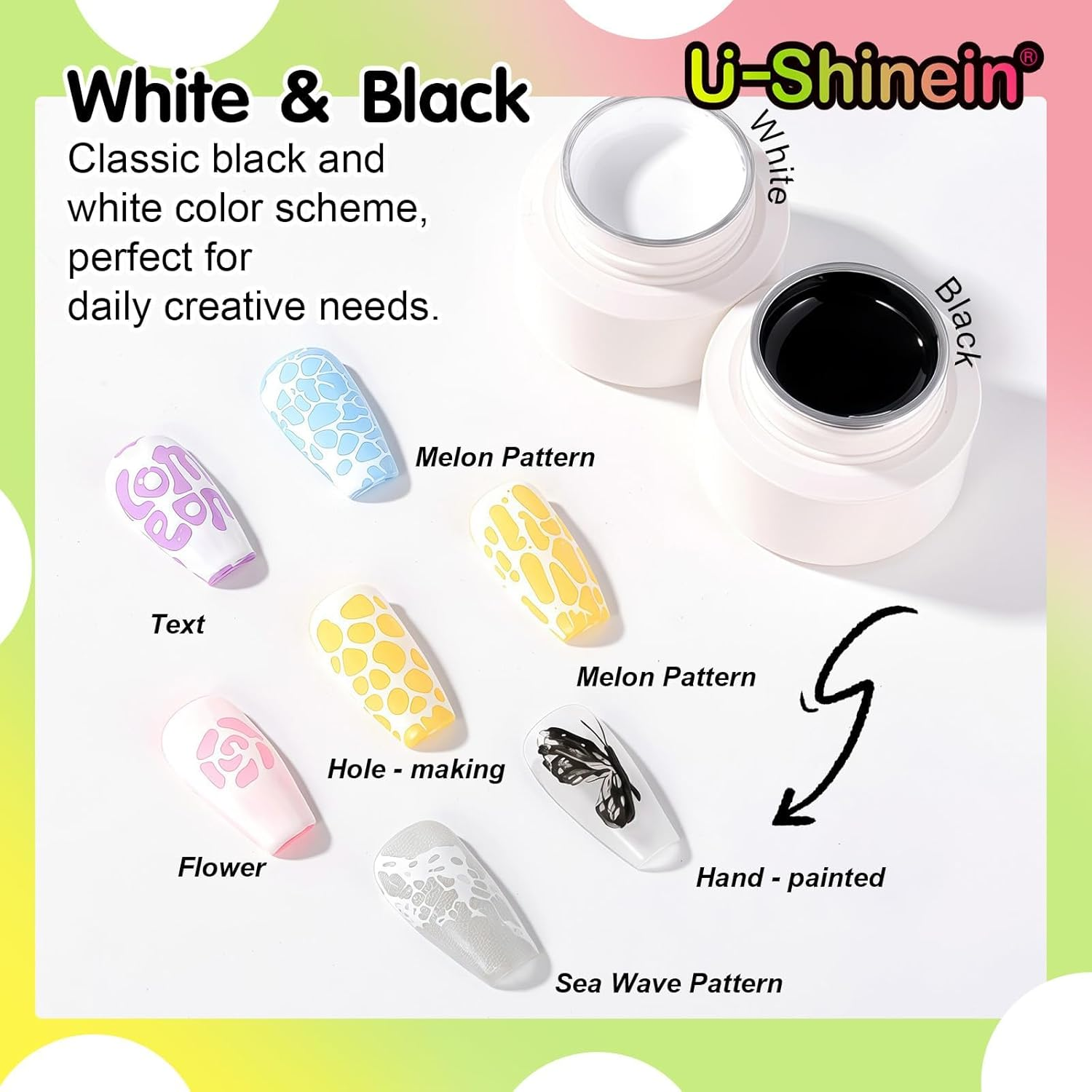 U-Shinein Multi-Functional White&Black Gel Nail Polish Set, with Base Coat&Orange Wood Nail Sticks Kit, Blooming Gel Spreading Magic Blossom Effect Pokecraft Gel Nail Polish Lace Patterns Manicure DIY - Whiteblackbase Coatwood Stick image number 4