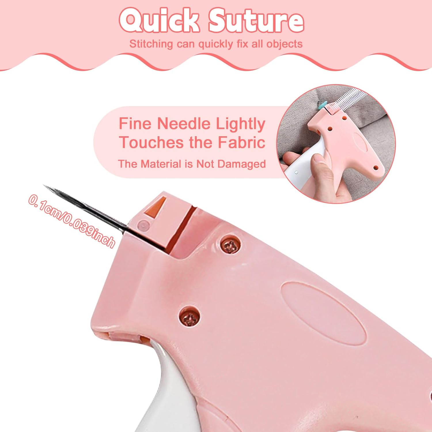 Pearyaest Handheld Stitch Gun for Clothes,Quick Clothing Fixer with 5 Needles,Mini Tagging Gun for Sewing,Hemming,Quilting1000 Black Fasteners & 1000 White Fasteners,Mini Sewing Kit Micro(Pink) image number 4