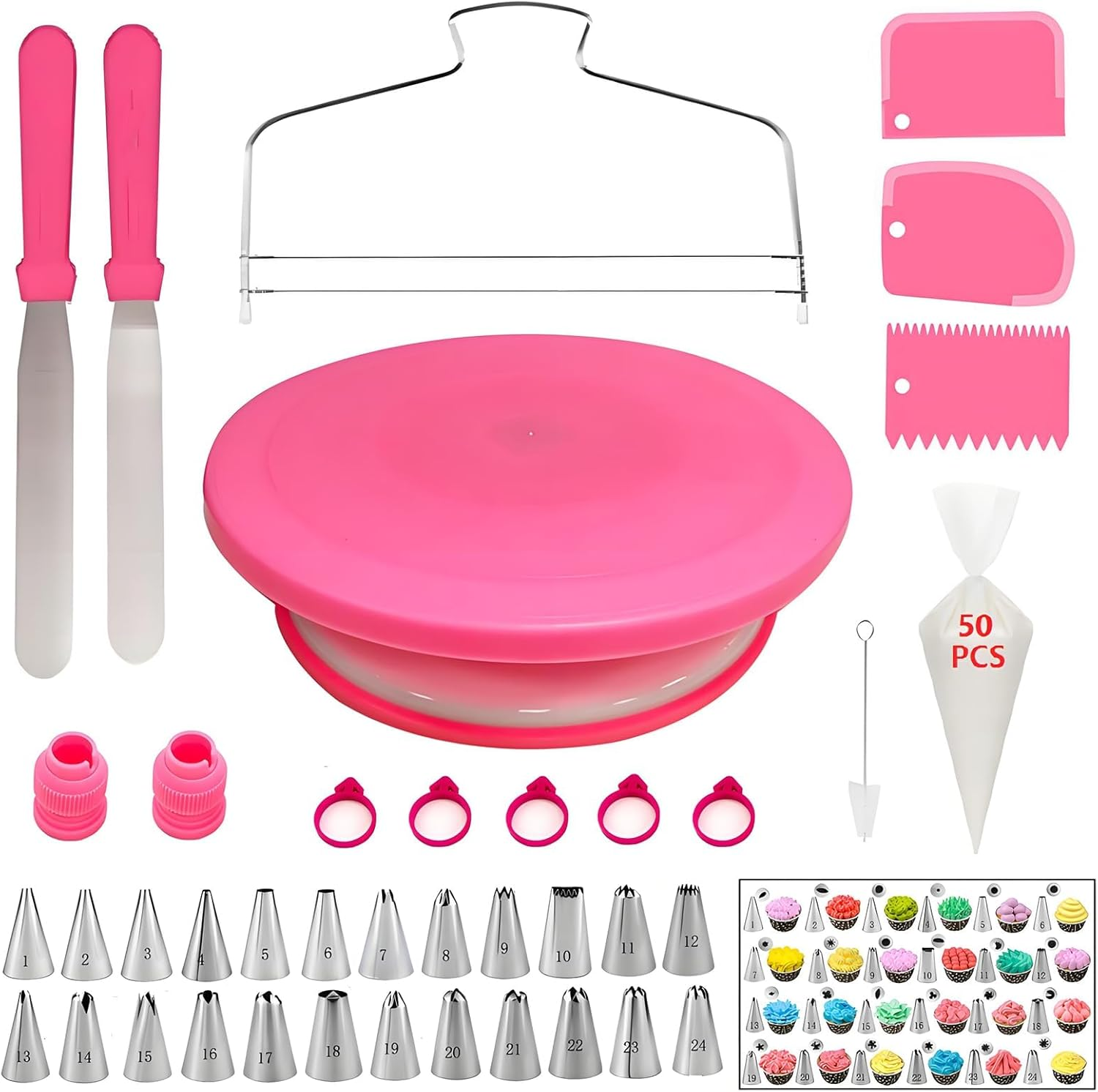 ZERIFAM Cake Decorating Kit - 90 Piece Rotating Cake Table, 24 Numbered Icing Nozzles, 2 Scrapers, 3 Comb Scrapers, 2 Couplings, 5 Wrapping Tapes, and 50 Disposable Pastry Bags image number 5