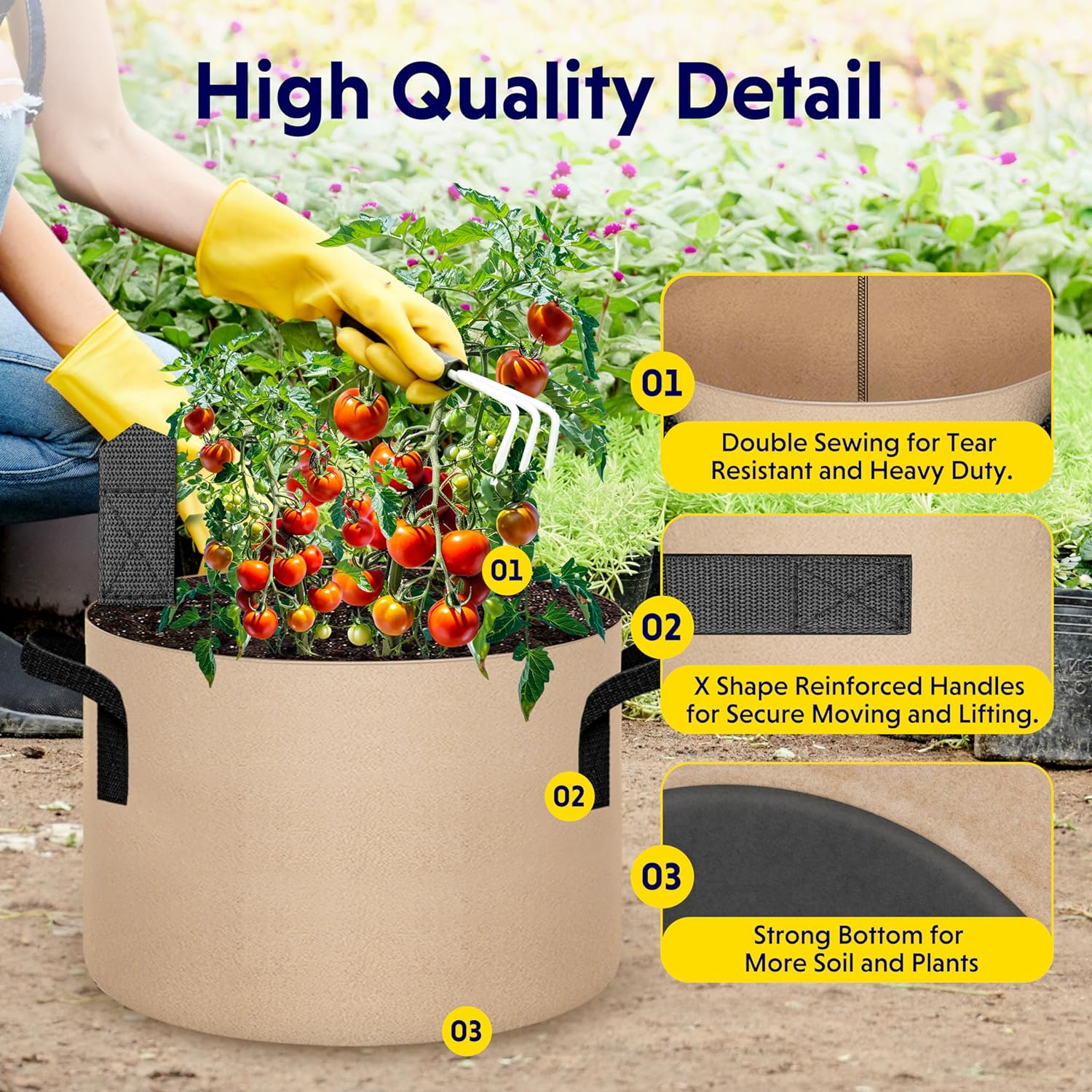 Ipower 5 Pack 25 Gallon Tan Grow Bags, Garden Planting Nonwoven Fabric Pots with Reinforced Handle, Heavy Duty and Aeration Planter Pot for Tomato, Fruits, Vegetables and Flowers image number 5