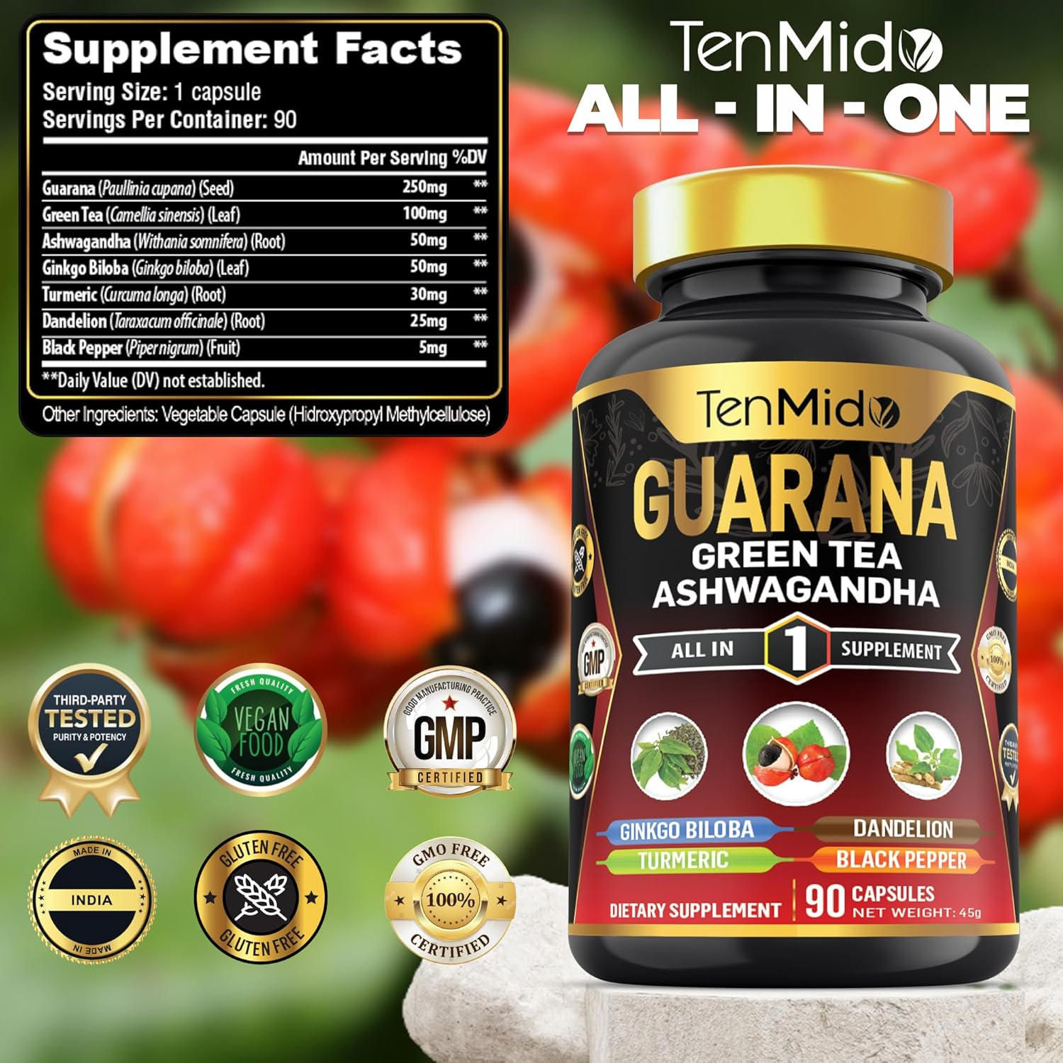 Guarana Supplements - 7In1 with Green Tea, Ashwagandha, Ginkgo Biloba, Turmeric, Dandelion and Black Pepper - 90 Vegan & Non-Gmo Capsules image number 5