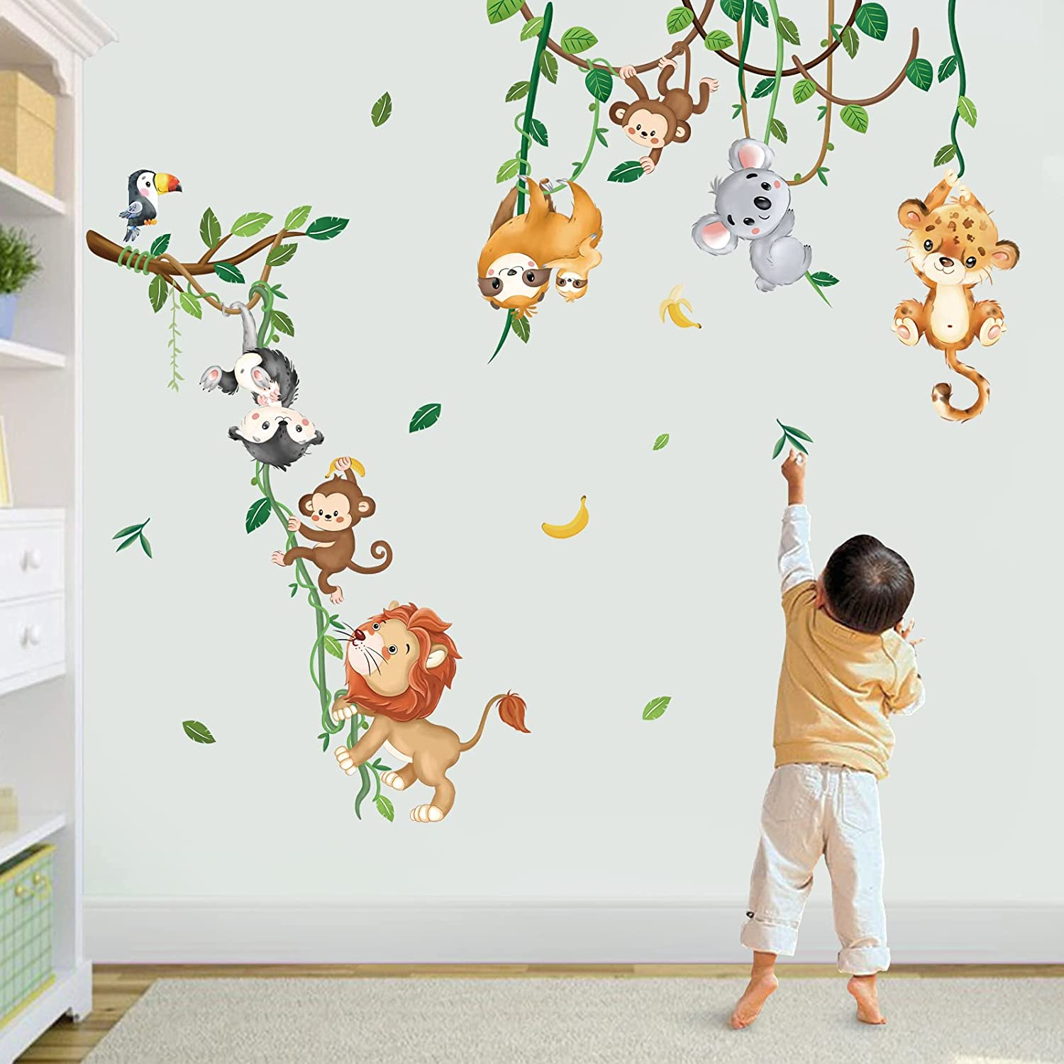 Decalmile Jungle Animals Climbing Tree Wall Decals Monkey Lion Koala Tiger Wall Stickers Baby Nursery Kids Room Living Room Home Decor