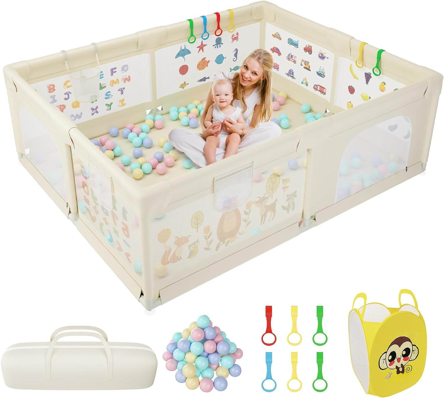 Baby Playpen 200 X 160 Cm, Extra-Large Non-Slip Playpens with Patterns, 50 Ocean Balls, 6 Pull Rings, Balls Storage Basket, Durable Zippered Door, Storage Bag for Outdoor Use (Beige)