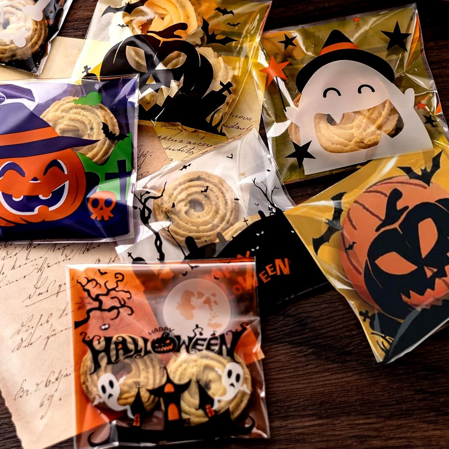 Halloween Candy Bags, 200 Pcs Self Adhesive Halloween Treat Bags Transparent Candy Cookie Bags Trick or Treat Cellophane Bags for Halloween Party Favors image number 2