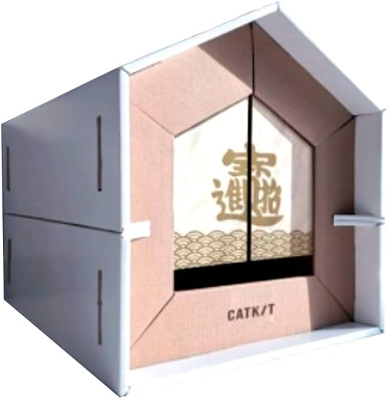 Multi-Functional Japanese-Style Pet Cat Villa Scratcher Claw Grinder Paper House (White Wall Yellow Door White Curtain) image number 5