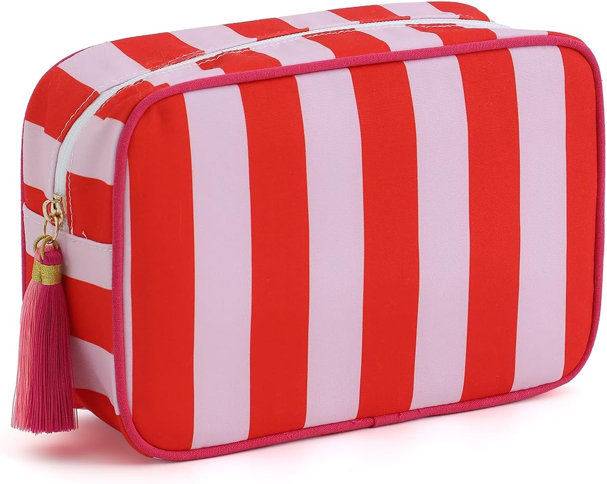 EMBRUNIOICE Stripe Makeup Bag Travel Cosmetic Bag Organizer Tassel Toiletry Bag Large Canvas Zipper Pouch and Accessories Storage Bag for Women, Red& Pink - Blue Bow image number 5