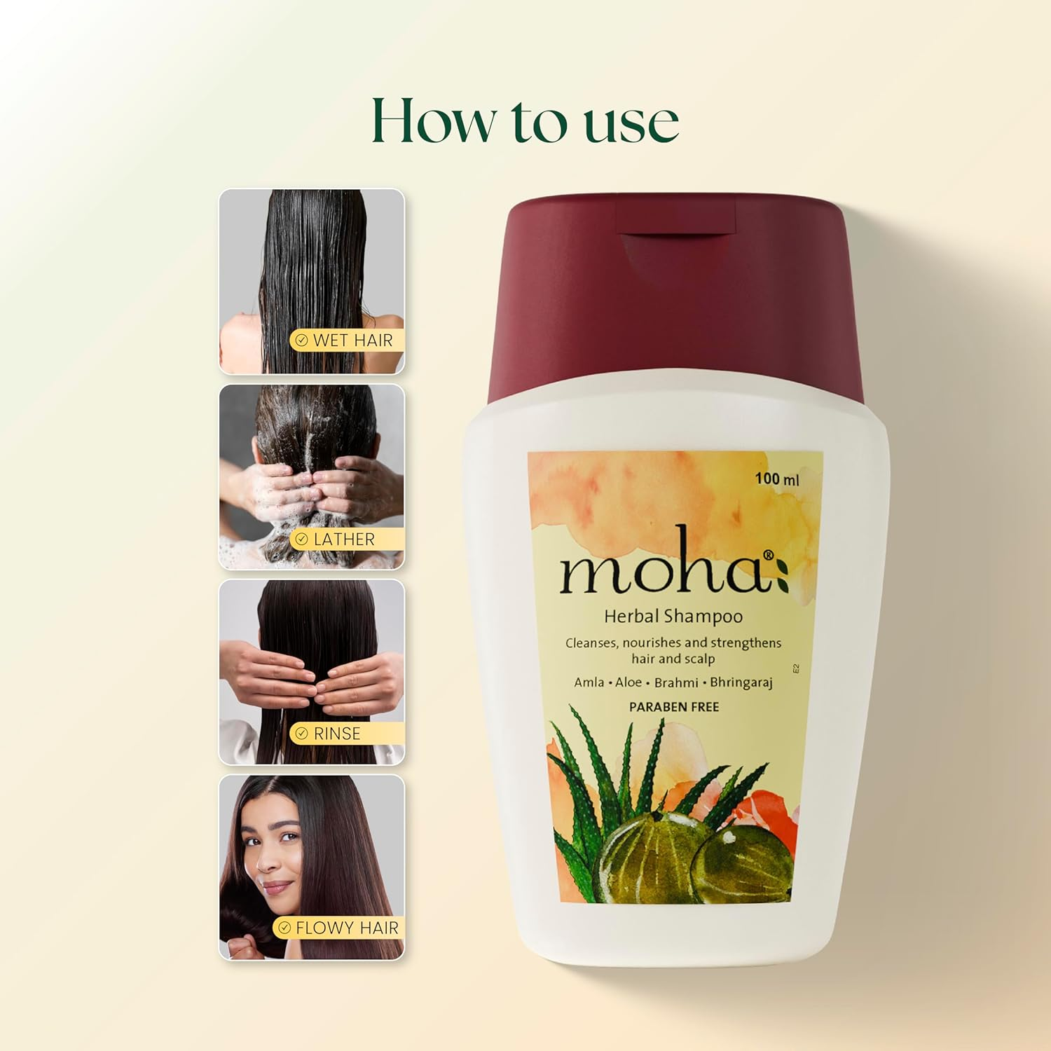 Moha: Herbal Hair Shampoo | Mild Shampoo for Daily Use for All Hair Types | Hair Cleanser with Benefits of Amla, Aloe, Brahmi & Bhringaraj (100 ML) image number 2