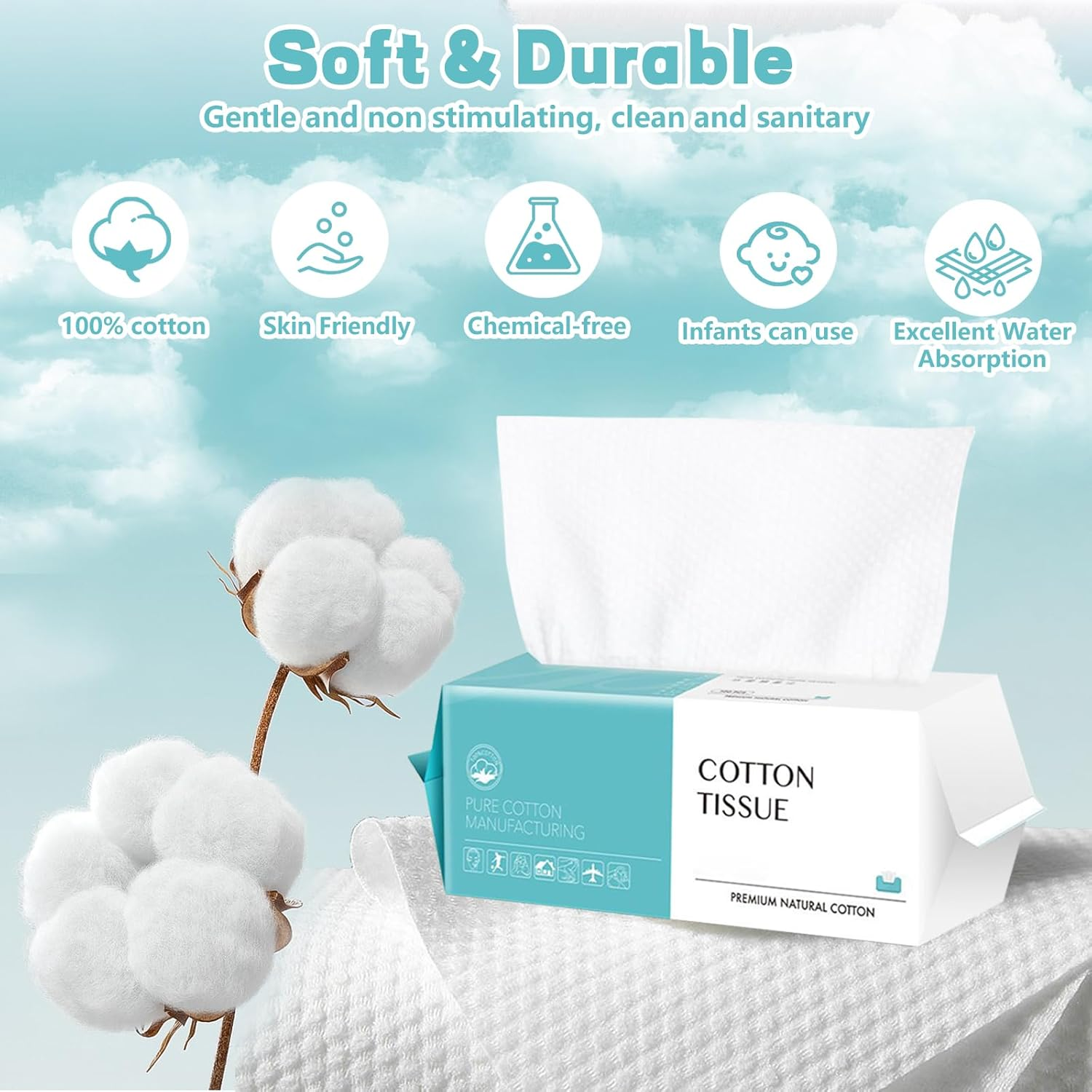 Disposable Face Towel 100 Count, Soft Cotton Facial Dry Wipes, Multi-Purpose for Skin Care, Makeup Remover, Face Wipes and Facial Cleansing(2 Pack) image number 3