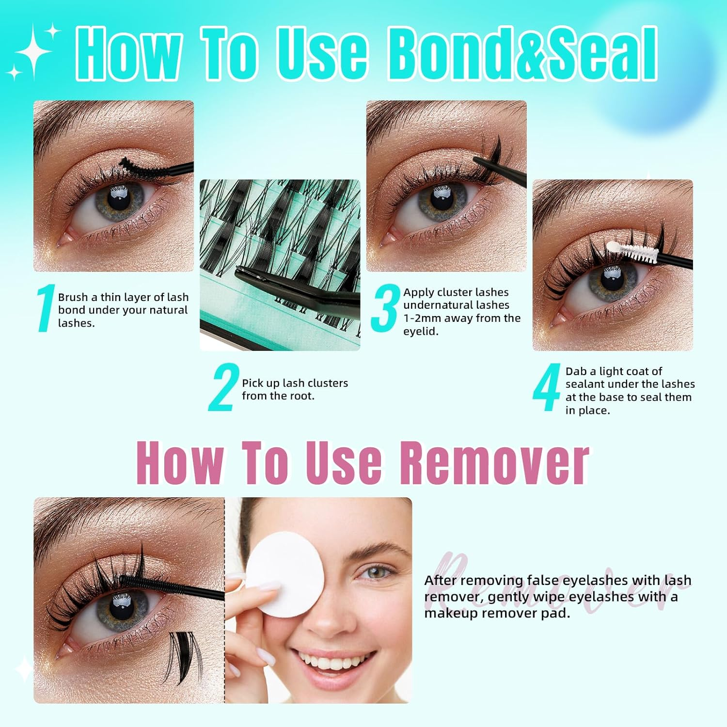 Manga Lash Clusters Kit 144PCS Fairy Eyelash Extension Kit with Bond and Seal, Fake Eyelashes Clusters with Invisible Lash Band, Glue Remover and Applicators (8-16Mm Kit,Black Bond) image number 5