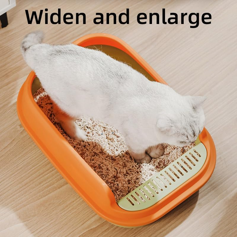 AIMALL Semi-Closed Large Cat Litter Box &ndash; High-Sided Anti-Splash Design, Thickened PP Material, 20.3In Spacious Pet Toilet with Detachable Rim, Includes Scoop - Green-Orange image number 2