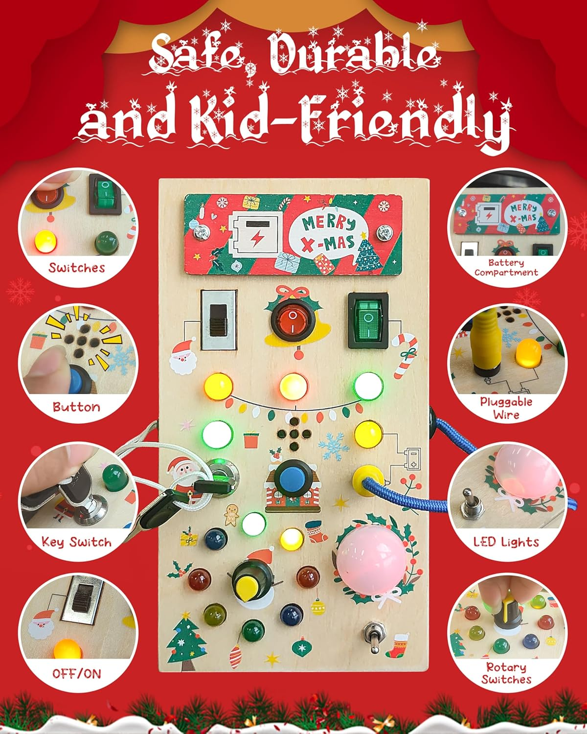 Busy Board Toddler Toys - Wooden Montessori Toys for 3 Years Old Toddlers, Sensory Travel Toy with 14 LED Light up Switches, Ideal Gift for 3+ Year Old Boys Girls, Medium image number 6