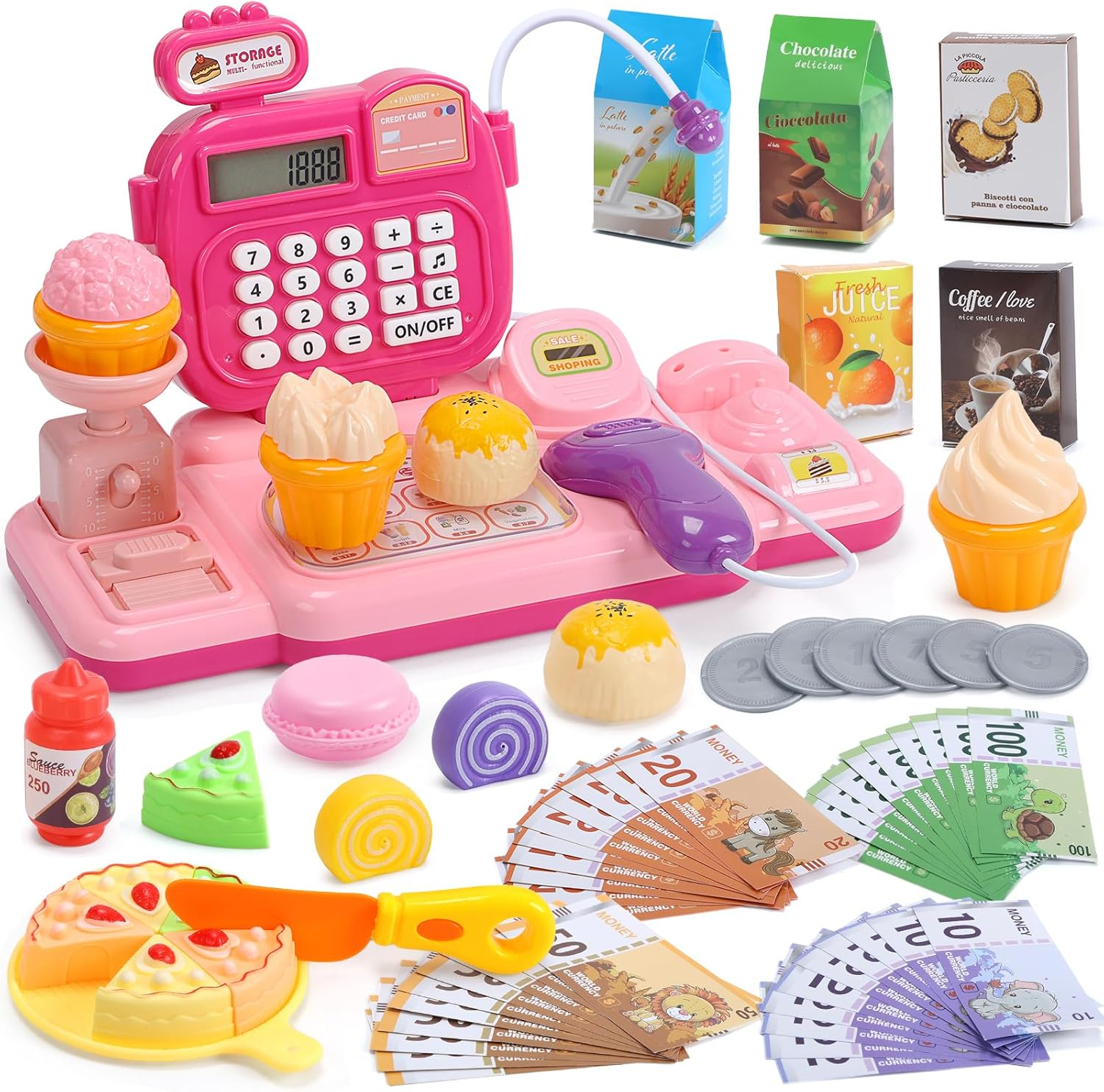 CUTE STONE Kids Toy Cash Register with Scanner & Play Food, Pretend Play Store Set with Real Calculator, Lights & Sounds， Interactive Play Cash Register for Toddlers Boys & Girls (Pink) image number 1