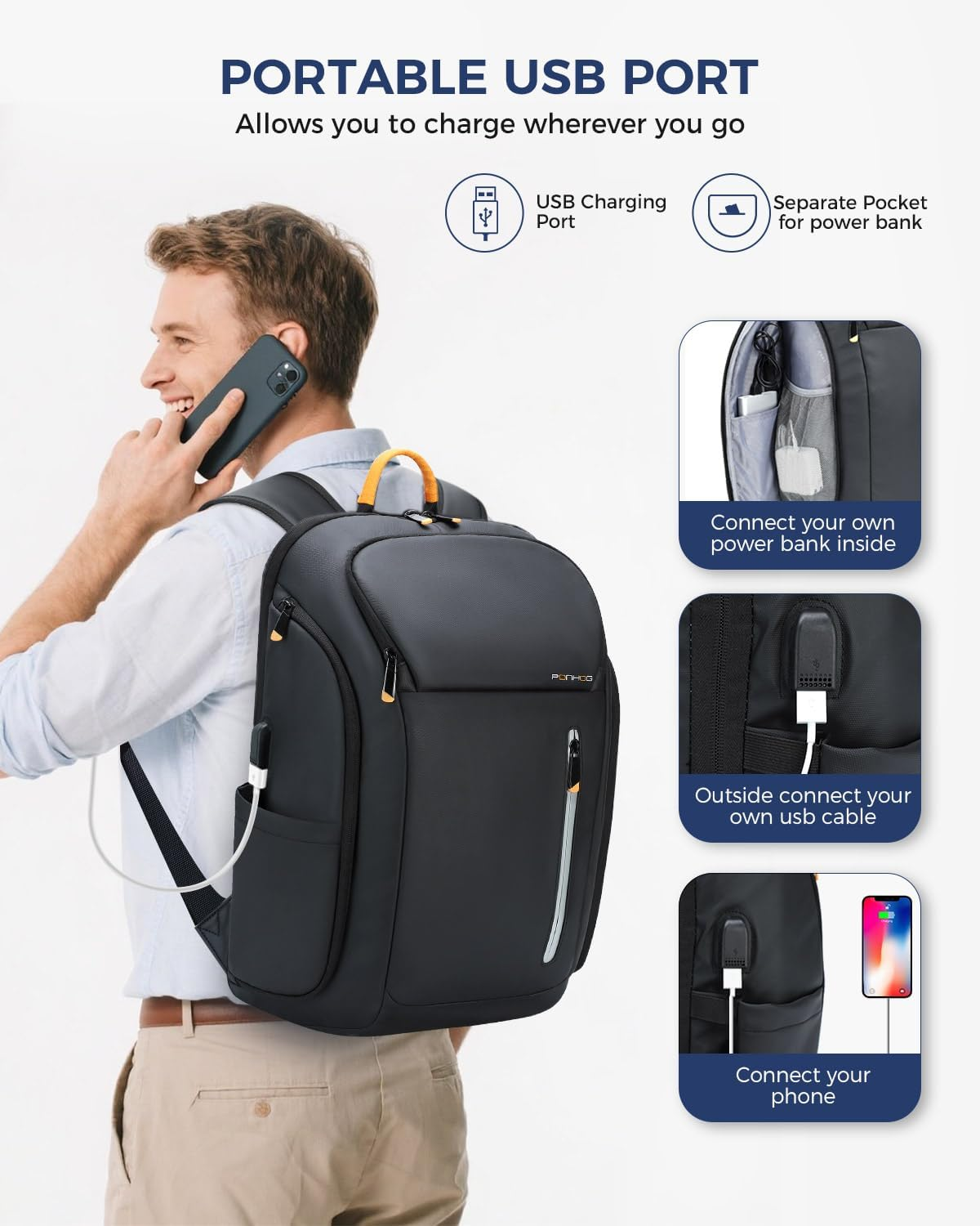 Ponhog Laptop Backpack for Men, Business Backpack with USB Charging Port anti Theft Computer Backpack image number 3