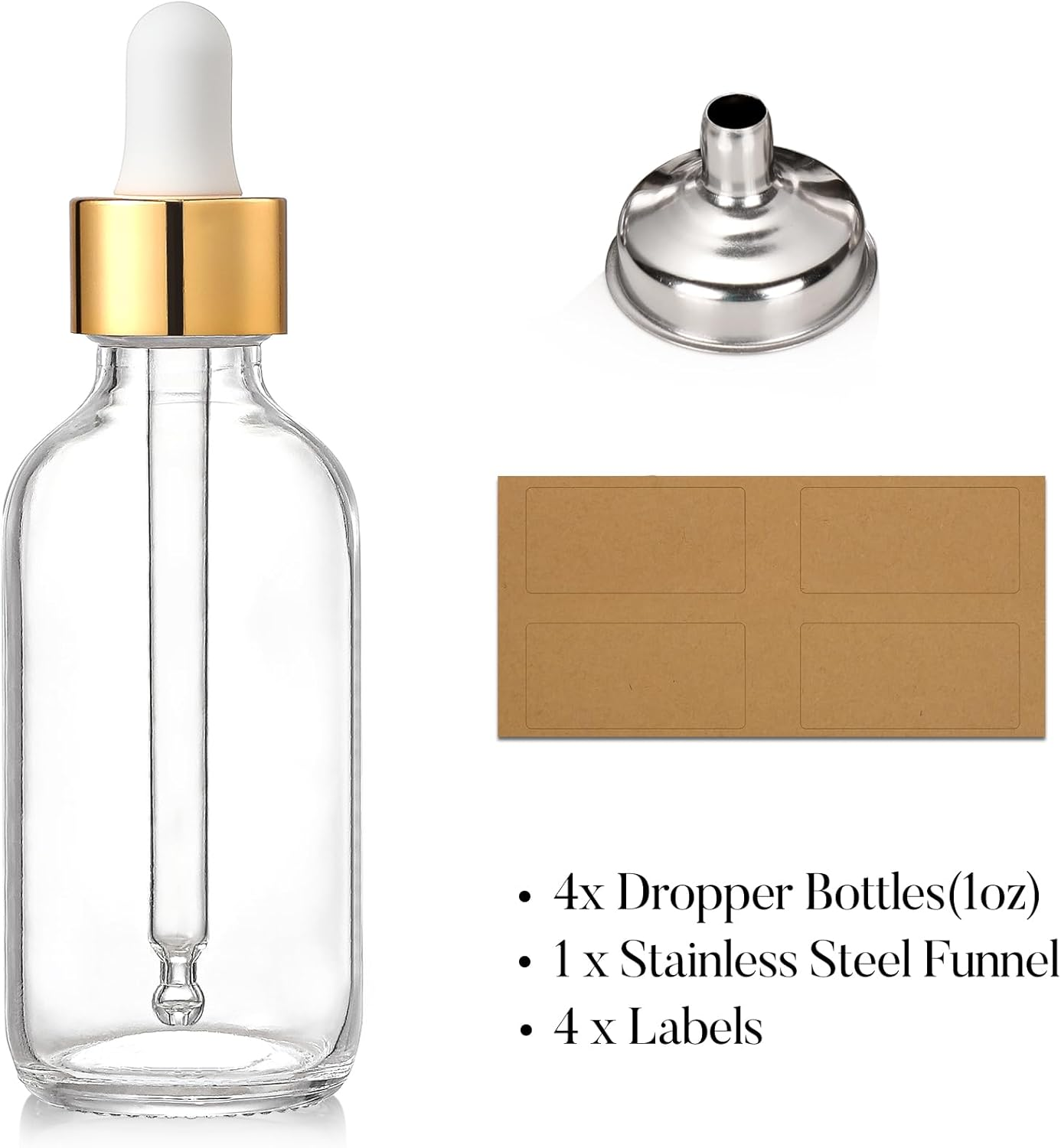AOZITA 4 Pcs, 1 Oz Golden Cap Clear Dropper Bottles (30Ml) with 1 Funnel & 4 Labels - Glass Tincture Bottles with Eye Droppers - Leakproof Essential Oil Bottles for Health, Personal Care & Beauty image number 2