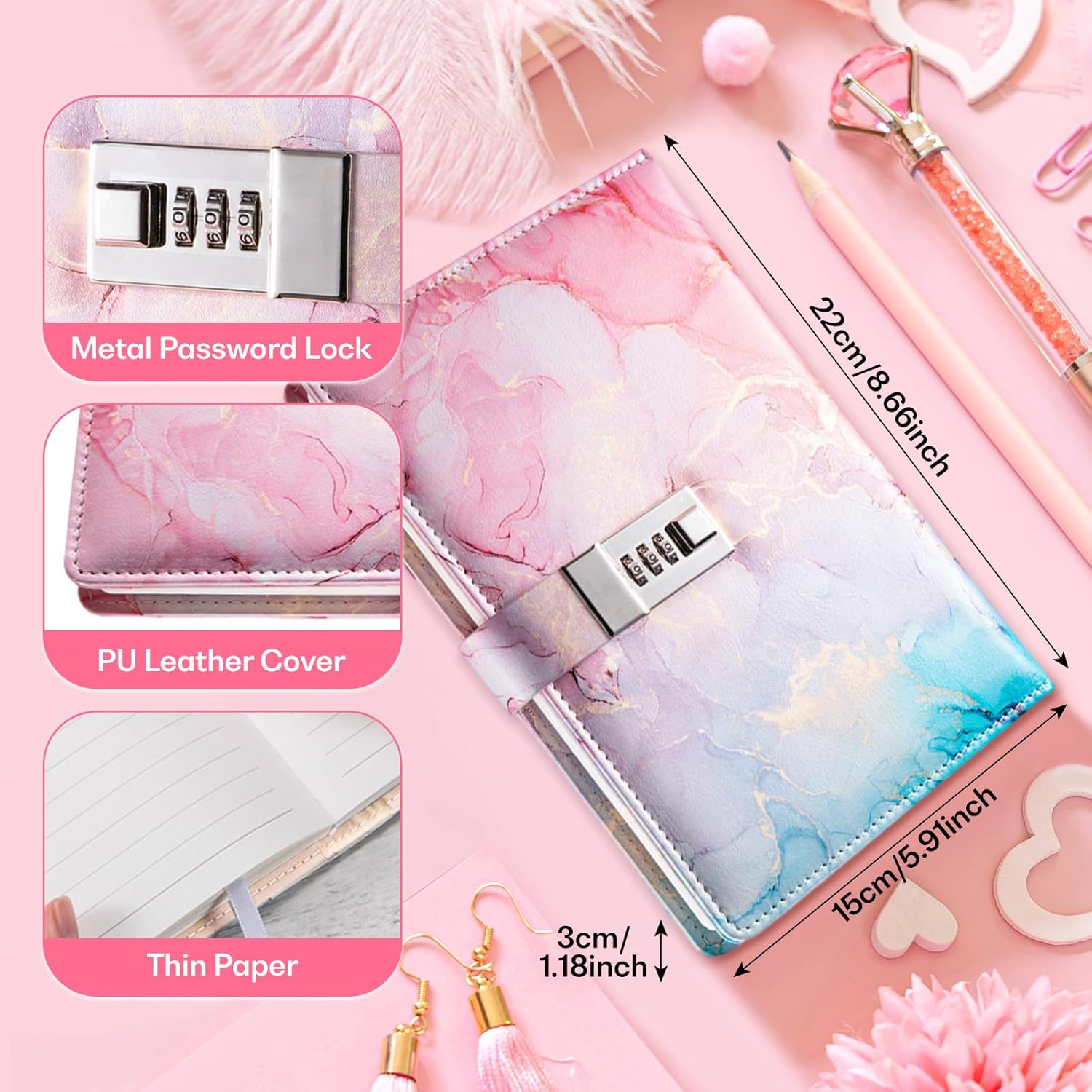 Eigell Diary with Lock Locked Diary Notebook 180 Pages Lock Journal Planner Organizer Password Lock Diary Girls Boys Teens Adults, Violet image number 5