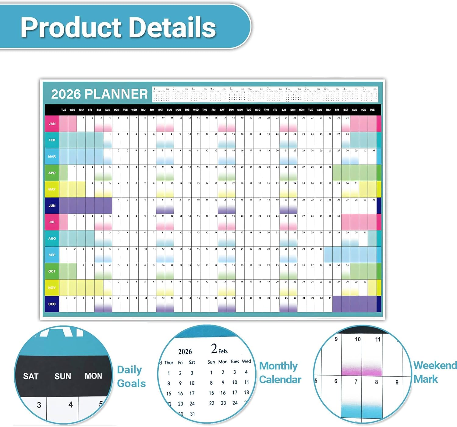 2026 Wall Calendar Large Yearly Planner &ndash; Full Year Annual Calendar Planner, Paper Wall Chart Plan 12 Months, Colored Stickers,365 Daily Plan for Home, Office, Classroom Organization & Decor image number 6