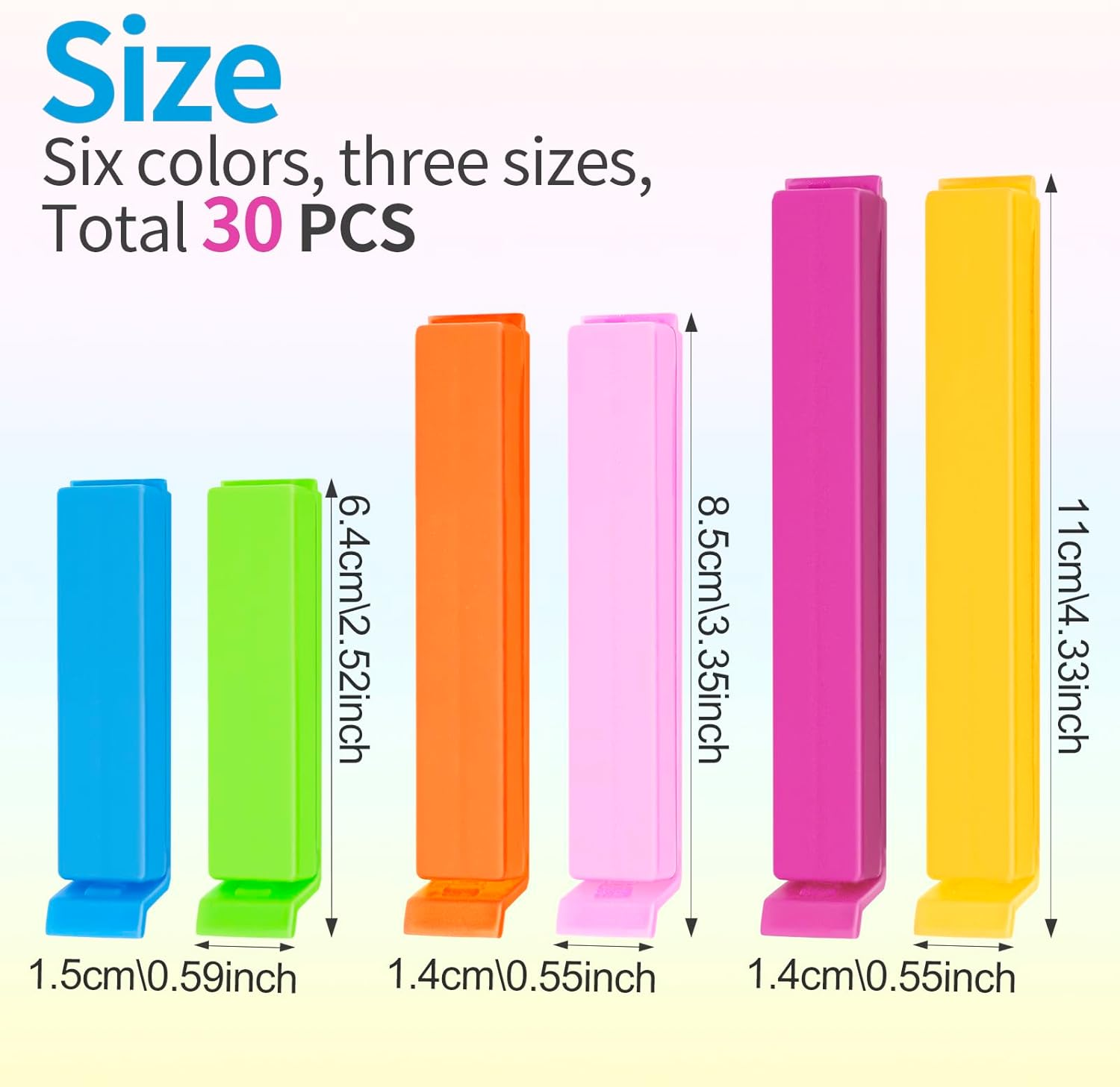 Bag Clips, 30 PCS Plastic Food Clips, Bag Clips for Food Storage Kitchen and Home, Chip Clips Three Size(4.3In X10, 3.35In X10, 2.5In X10) image number 4