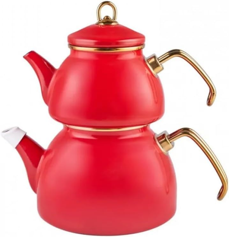 Karaca Retro Enamel Teapot Set, Red, Suitable for Induction, Tea Maker, Kettle, Tea Infusion 1.1 L, Water Jug 2.3 L, Turkish Tea Kettle, Tea Maker, Caydanlik
