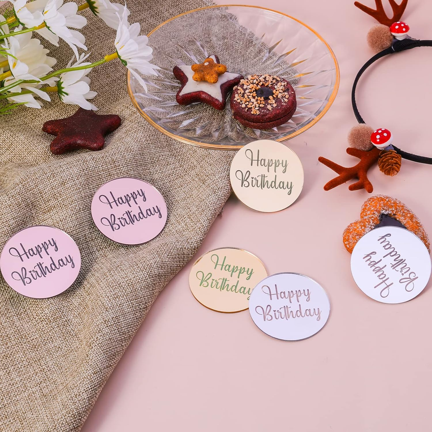 AIEX 33 Pieces Happy Birthday Decorations, Happy Birthday Topper Acrylic Mirror Decoration for Cupcakes Happy Birthday Topper Cake Birthday (Gold, Silver and Rose Gold, Round) image number 1