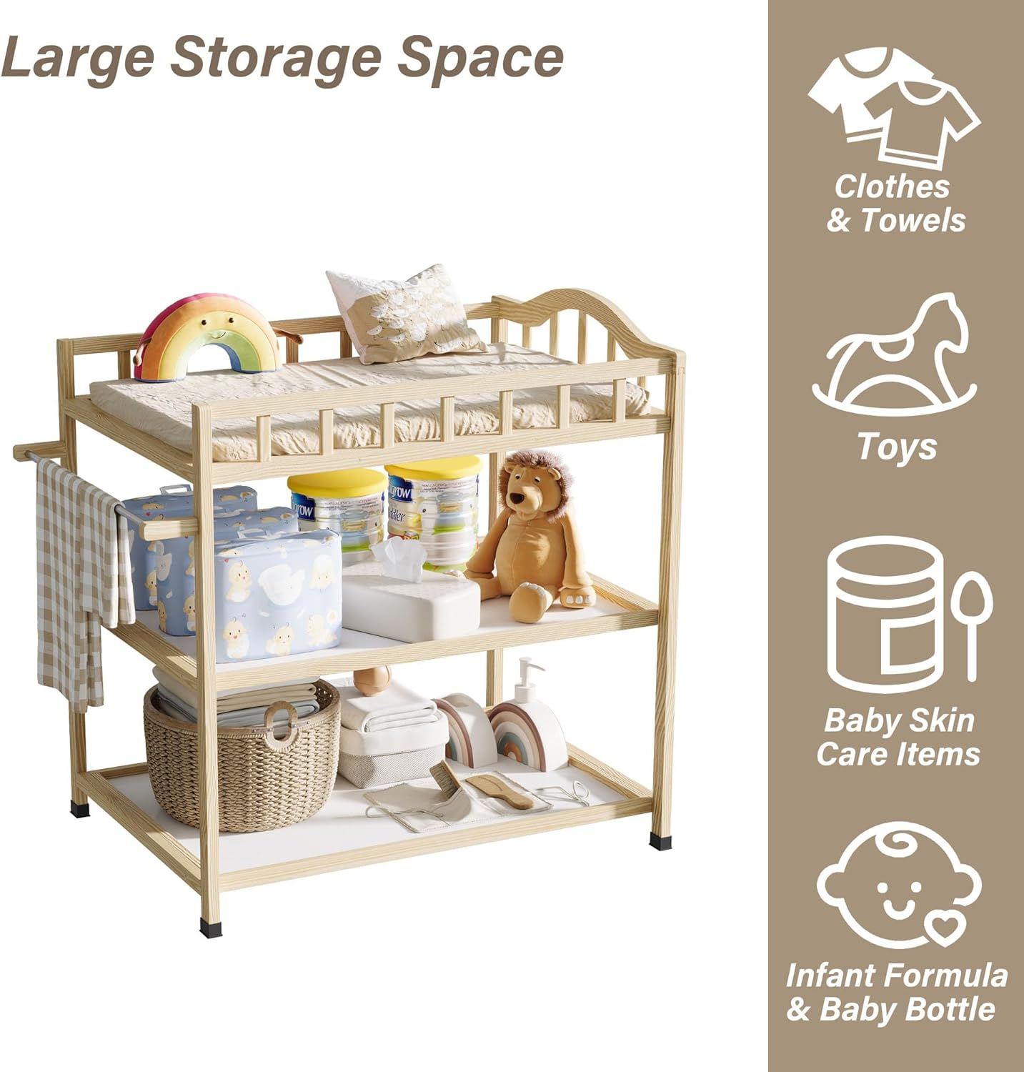 Baby Changing Table with Storage Shelves, Wooden Portable Nursery Diaper Changing Station for Infants, Children'S Room, Bedroom, Natural, Pine Wood