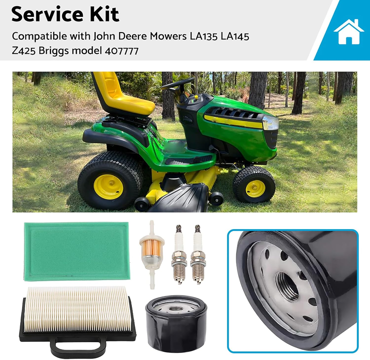 Tune up Maintenance Service Kit Suitable for John Deere Mowers LA135 LA145 Z425 Briggs Model 407777 image number 5