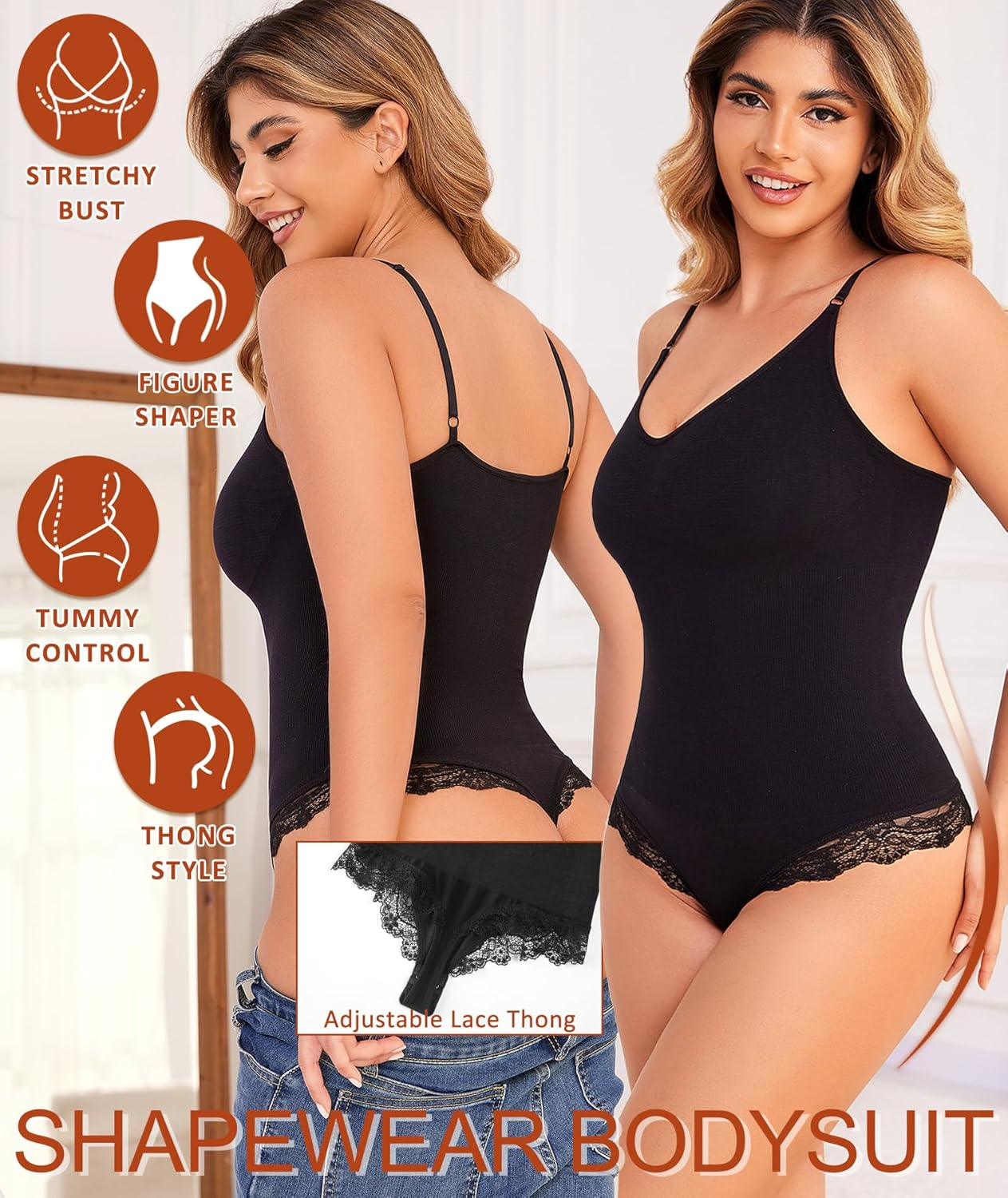 SURE YOU like Shapewear Bodysuit for Women Sexy Lace Trim Thong Seamless Slimming Full Body Shaper Sleeveless Leotard image number 3
