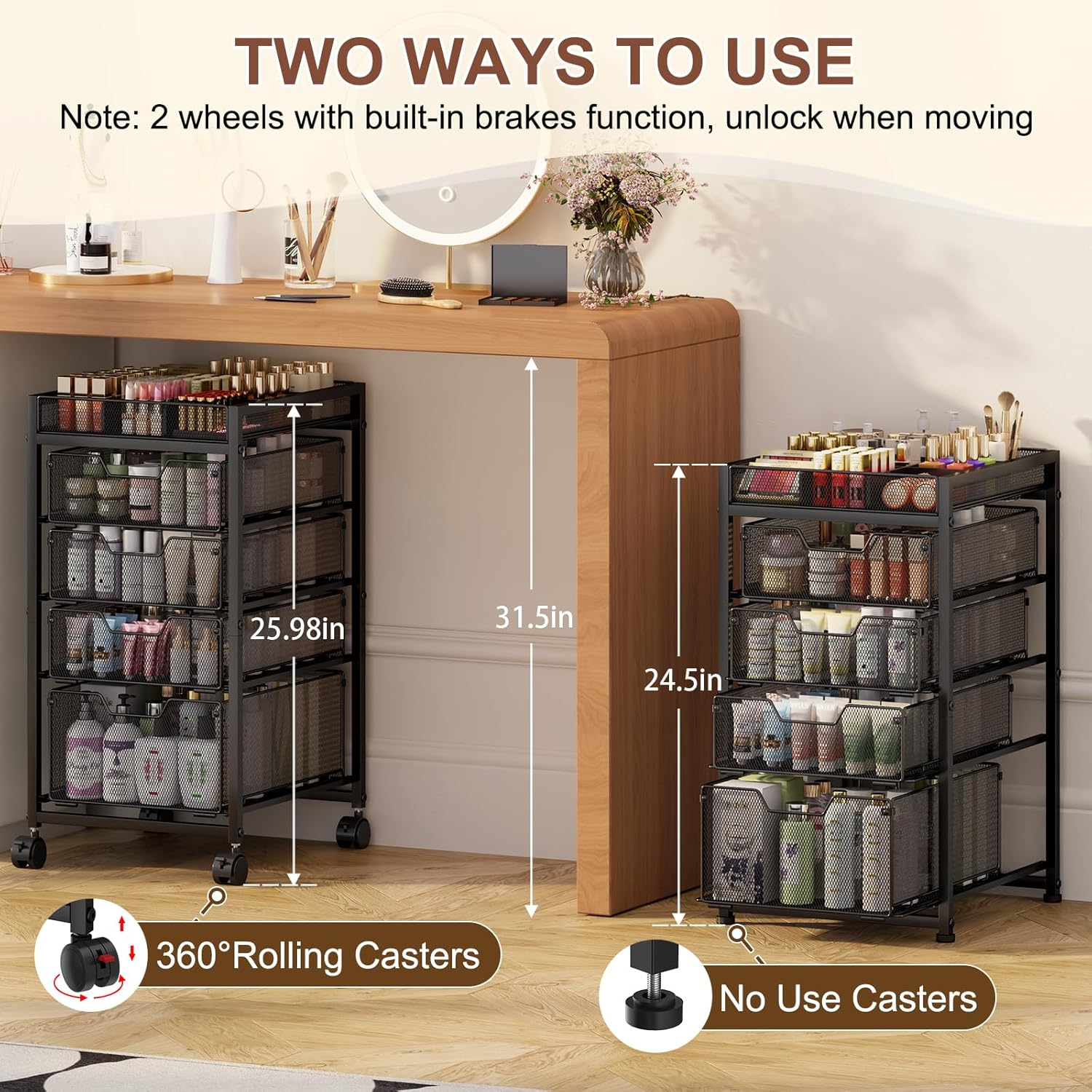 5-Tier Rolling Makeup Cart Organizer with 4 Drawers, Cosmetics Display with Dividers, Floor Skincare Storage with Wheels, Versatile Vanity Organizer for Nail Polish Perfume Brush Hair Tool, Black image number 6