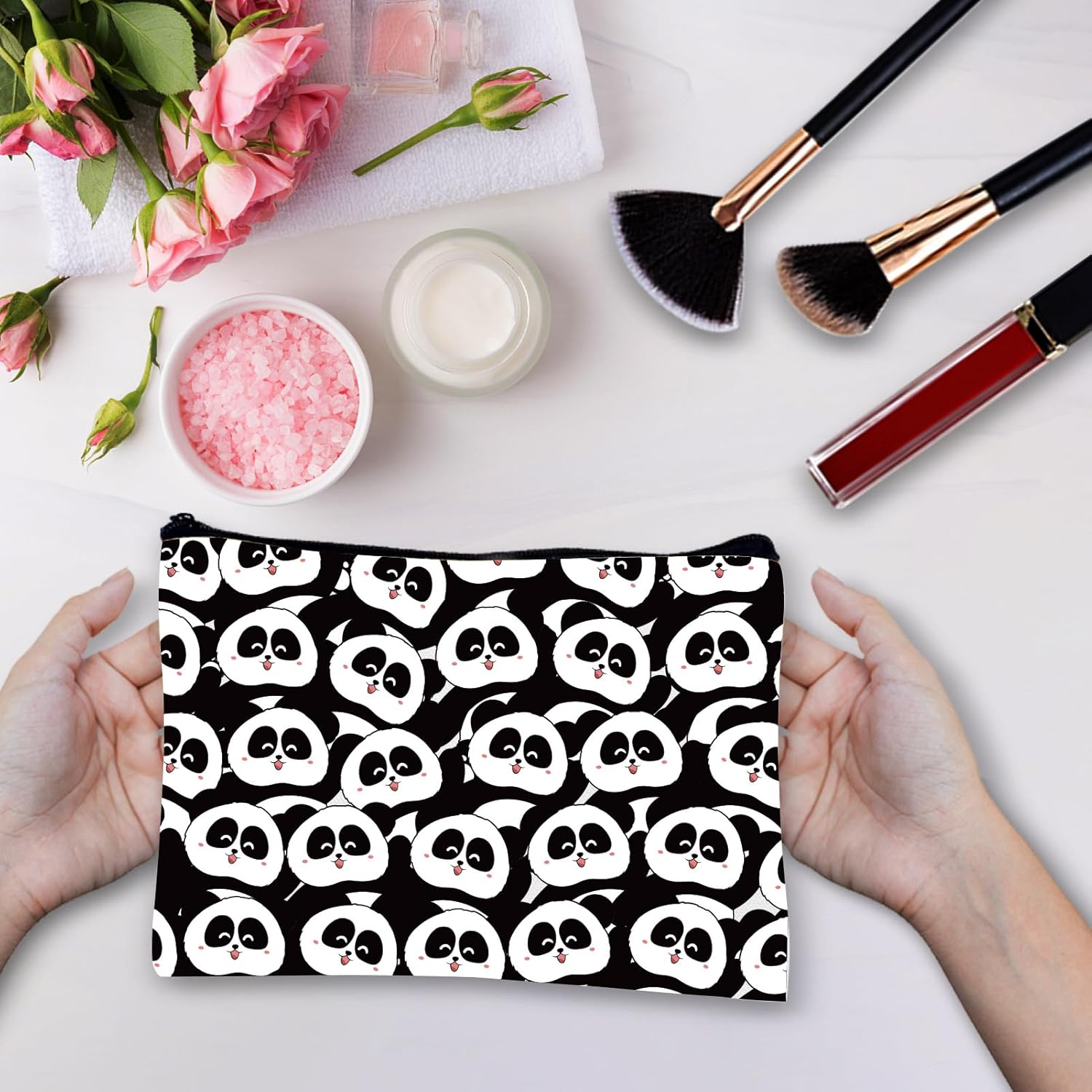 CREATCABIN Panda Makeup Bags Canvas Cosmetic Bag Black White Multi Purpose Case Zipper Pouches Toiletry Travel Storage Purse Portable Storage for Women Graduation Panda Gifts 10X7Inch image number 3