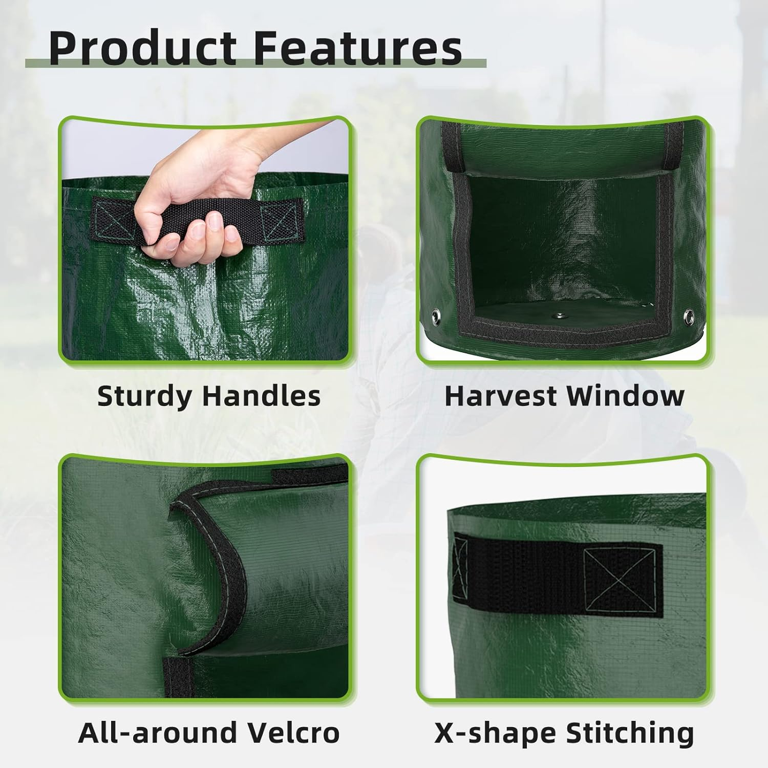 Greatbuddy 10 Gallon Potato Grow Bags 4-Pack, Thick PE Fabric Pots for Plants, Harvest Windows & Sturdy Handles, Labels Included, Green image number 6