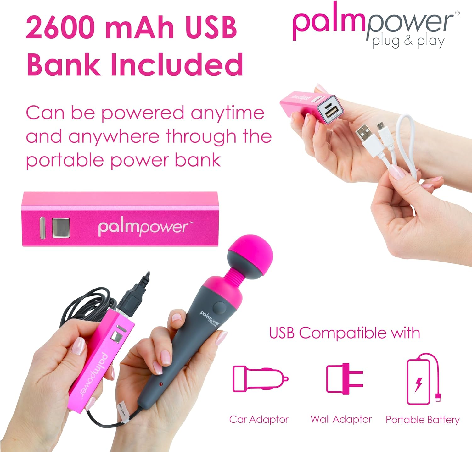 Palmpower Massage Wand Plug & Play USB, Pink image number 3