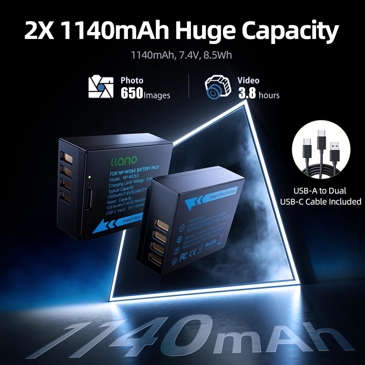 Llano 2 Pack USB-C NP-W126S Battery, Fully Decoded for Fujifilm XM5 X100VI X100V XS10 XT30II XT30 XT20 XE4 A5 Cameras, 1140Mah Capacity, Fast Rechargeable image number 5
