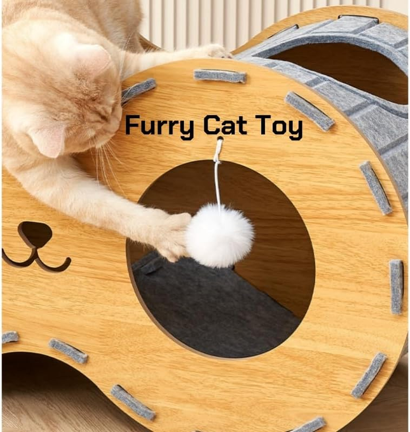 Cat Beds for Indoor Pets, 31.5" (80Cm) Extra-Large Cat Cave for Multi-Pet, Cozy House with Fluffy Ball Hanging, Scratch Resistant Felt Kitten Hideaway Bed, Feline Tunnel, Heavy Duty Wood,Grey Felt image number 3