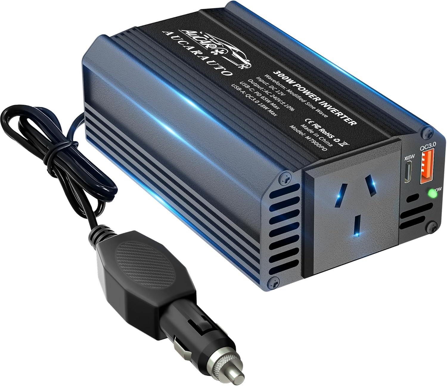 AUCARAUTO 300W Car Power Inverter 12V to 240V Converter, Car Plug Adapter with [65W USB-C] / [18W USB-A] / AC Socket, Car Charger for Vehicles, Aluminium Body - Red