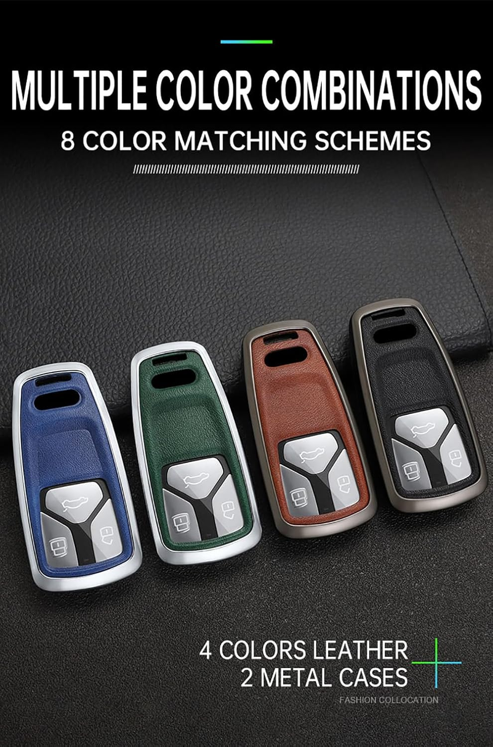 Car Key Case Zinc Alloy Key Fob Holder Cover Leather Keychain Fit for Audi A4 S4 RS4 B9 A5 F5 S5 RS5 A6 A7 C8 A8 S8 Q2 Q5 SQ5 Q7 SQ7 TT TTS TTRS R8 3 Buttons Protector Covers Silvery Black image number 1