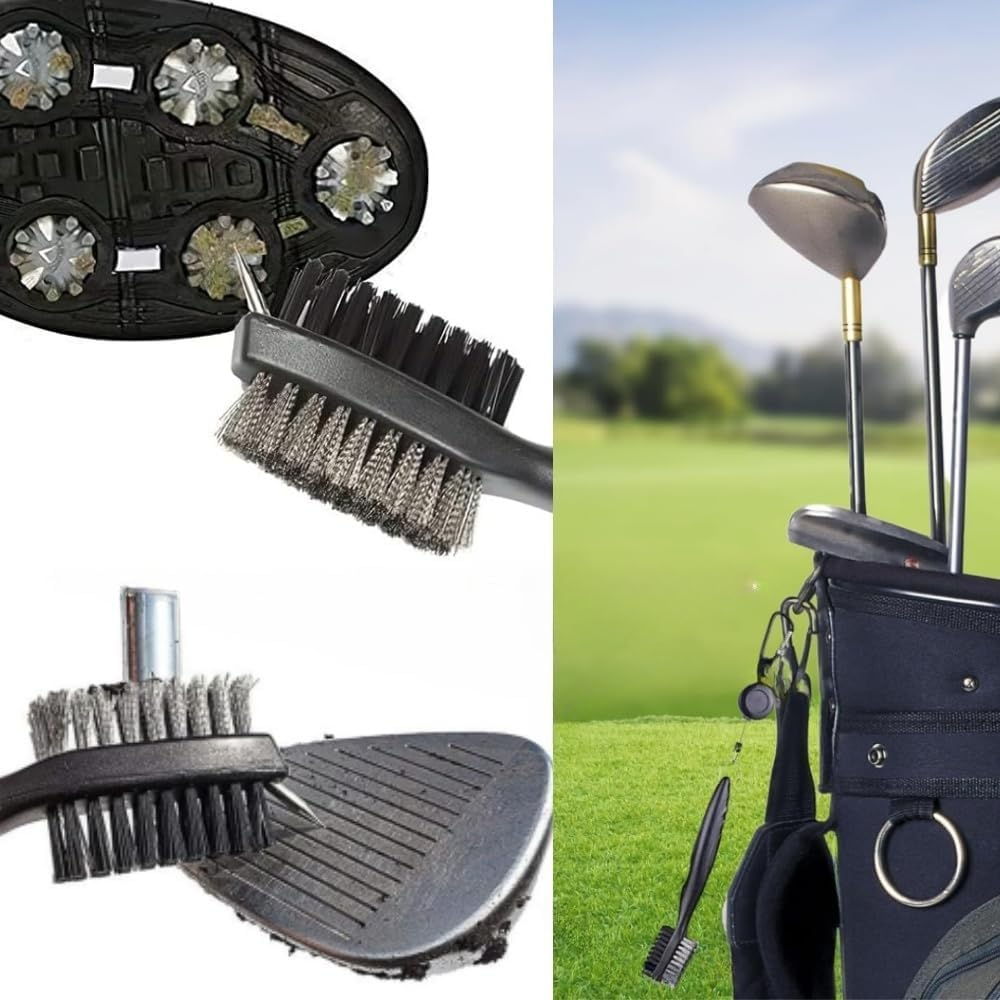 2 Pcs Golfclub Ball Grooves Cleaning Brush,Wizefolk Nylon Steel Wire Dual Sided Putter Cleaner Exercise Golf Accessories,With Retractable Zip-Line and Aluminum Carabiner Cleaning Tools