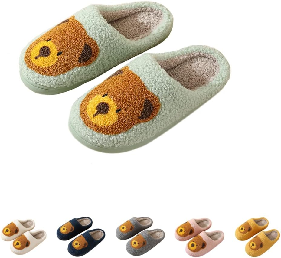 Smiley Face Happy Bear Slippers Women'S Men'S Retro Memory Foam Soft Plush Slippers Warm and Non Slip Home Shoes Embroidered Pattern Slip on Slippers