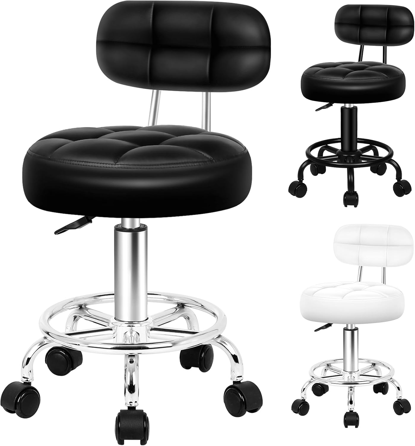 ALFORDSON round Salon Stool PU Leather Upholstery with Backrest, Adjustable Drafting Rolling Stools in 52-67Cm Height, Swivel Spa Chair with Footrest for Hair Barber Massage Table(Riley All Black)