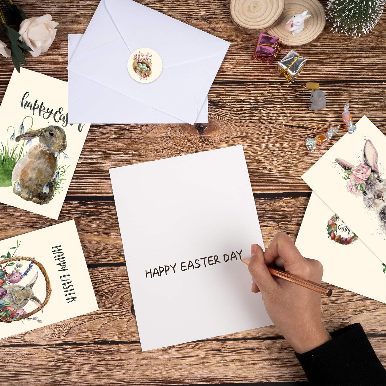 Whaline 30 Pack Vintage Easter Cards Kit with Envelopes and 30Pcs Adhesive Stickers Colorful Greeting Cards in 6 Designs Bunny Eggs Note Card for Classroom Exchange Easter Party Supplies image number 3