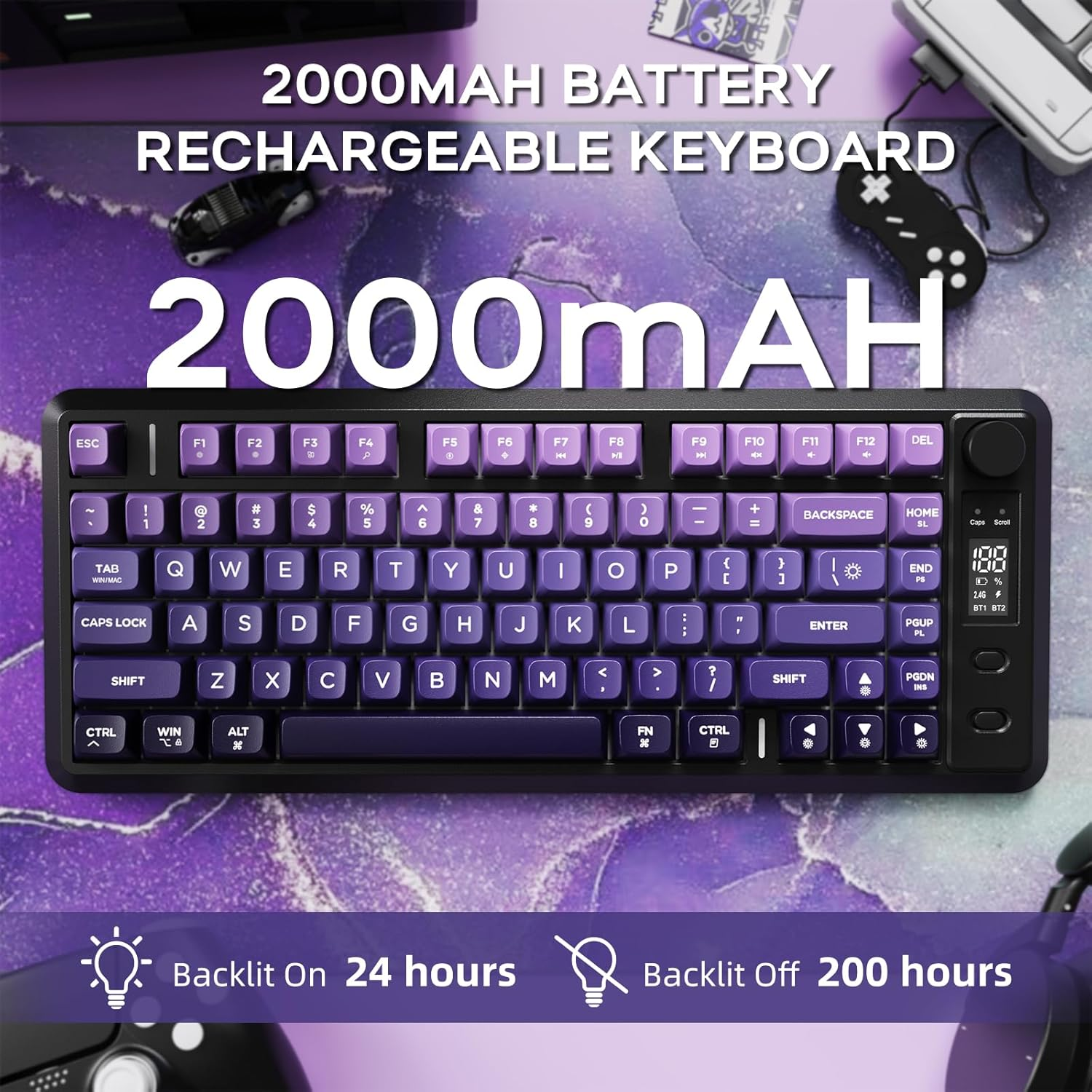 FREEWOLF X Attack Shark M75 Wireless Membrane Gaming Keyboard Mechanical Feel with Knob & OLED Display Bluetooth/2.4Ghz Rainbow Backlit Gradient PBT Keycaps 2000Mah Battery Anti-Ghosting-Purple image number 3