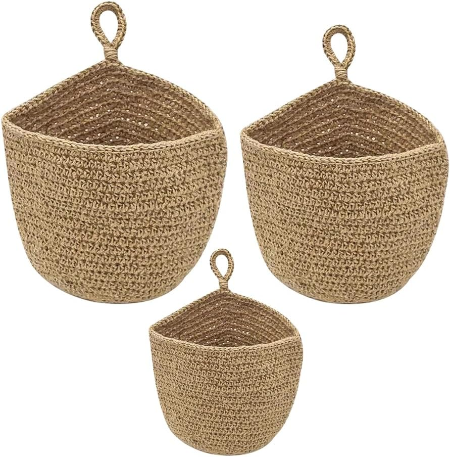 3-Piece Woven Wall Hanging Basket, Cotton Rope Storage Baskets, Rustic Wall Mounted Decorative Organizer, for Entryway, Bathroom, Bedroom (Mini Small Medium, Natural Jute Color) image number 3