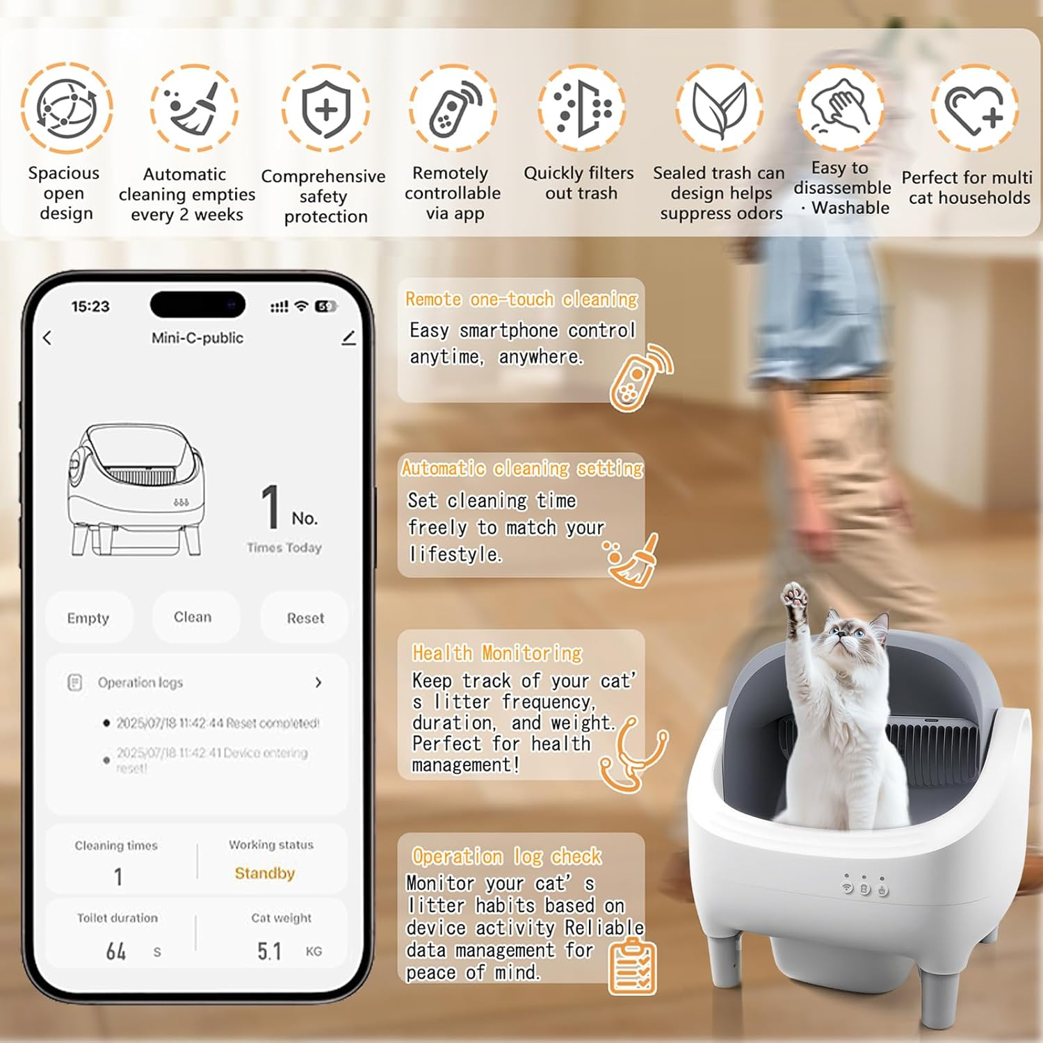 Self Cleaning Cat Litter Box, Open Top Automatic Cat Litter Box for Multiple Cats with App Control and Safety Protection, Odor-Free Waste Disposal Includes Trash Bags