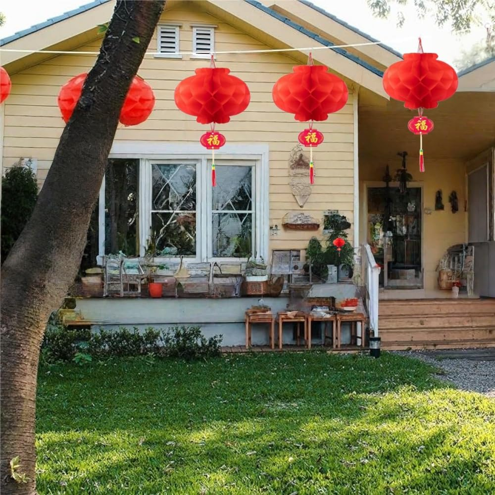 Lucky Red Chinese Lanterns, 20 Pack Honeycomb Balls Decoration Waterproof Plastic Paper Lantern Hanging Lanterns for Chinese Spring Festival Wedding Festive Decorations 10 Inch image number 1
