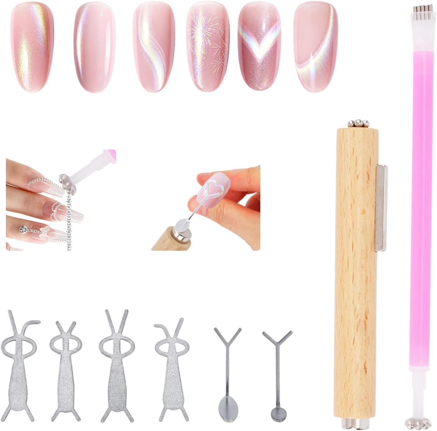 8Pcs 3-In-1 Cat Eye Nail Magnet Tool Set, Including Wooden Handle Magnetic Pen Steel Ball Tip Pen Y & Rabbit Shape Magnets for Cat Eye Gel Polish DIY Home Nail Salon Use image number 4